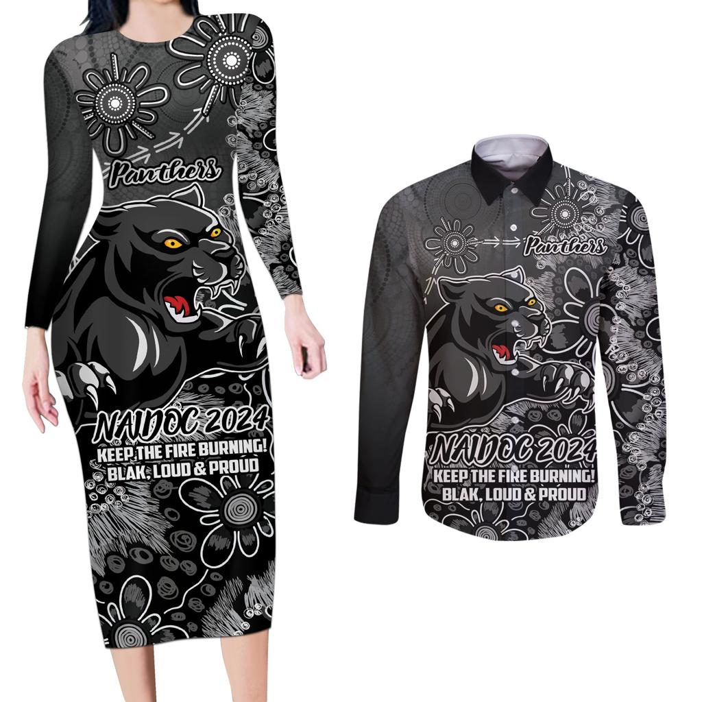 Personalised Panthers NAIDOC Week 2024 Couples Matching Long Sleeve Bodycon Dress and Long Sleeve Button Shirt Aboriginal Fire Burning Sparks