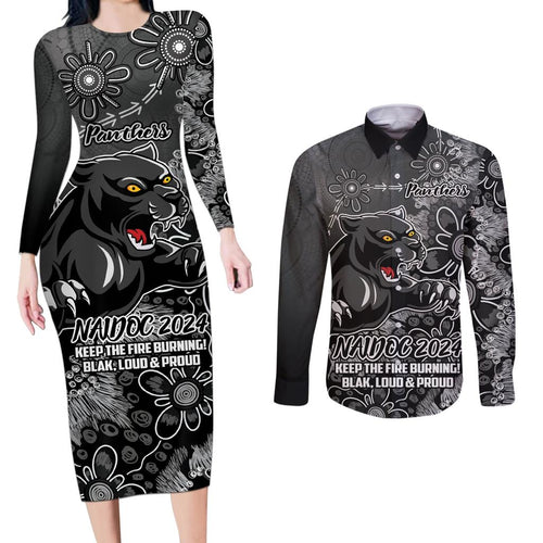 Personalised Panthers NAIDOC Week 2024 Couples Matching Long Sleeve Bodycon Dress and Long Sleeve Button Shirt Aboriginal Fire Burning Sparks