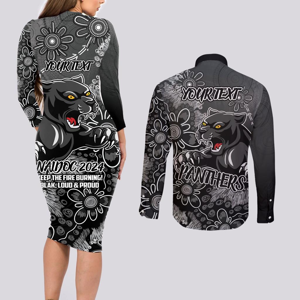 Personalised Panthers NAIDOC Week 2024 Couples Matching Long Sleeve Bodycon Dress and Long Sleeve Button Shirt Aboriginal Fire Burning Sparks