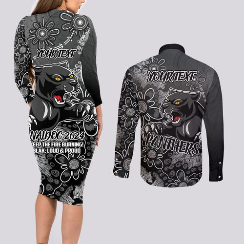 Personalised Panthers NAIDOC Week 2024 Couples Matching Long Sleeve Bodycon Dress and Long Sleeve Button Shirt Aboriginal Fire Burning Sparks