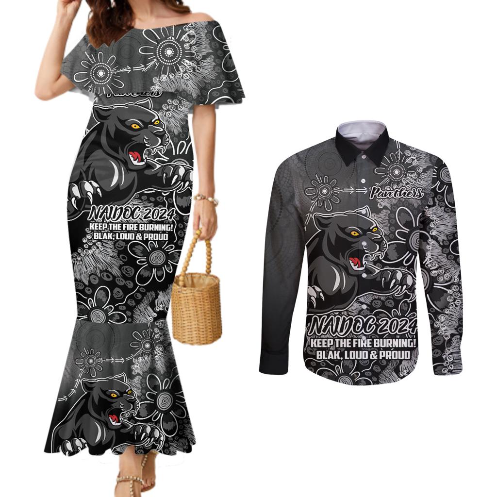 Personalised Panthers NAIDOC Week 2024 Couples Matching Mermaid Dress and Long Sleeve Button Shirt Aboriginal Fire Burning Sparks