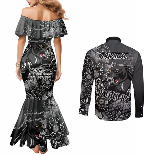 Personalised Panthers NAIDOC Week 2024 Couples Matching Mermaid Dress and Long Sleeve Button Shirt Aboriginal Fire Burning Sparks