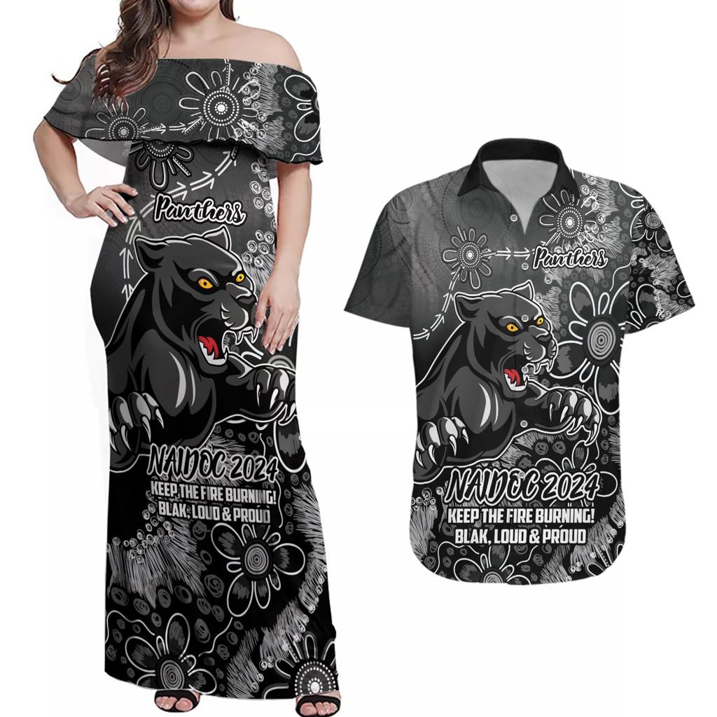 Personalised Panthers NAIDOC Week 2024 Couples Matching Off Shoulder Maxi Dress and Hawaiian Shirt Aboriginal Fire Burning Sparks