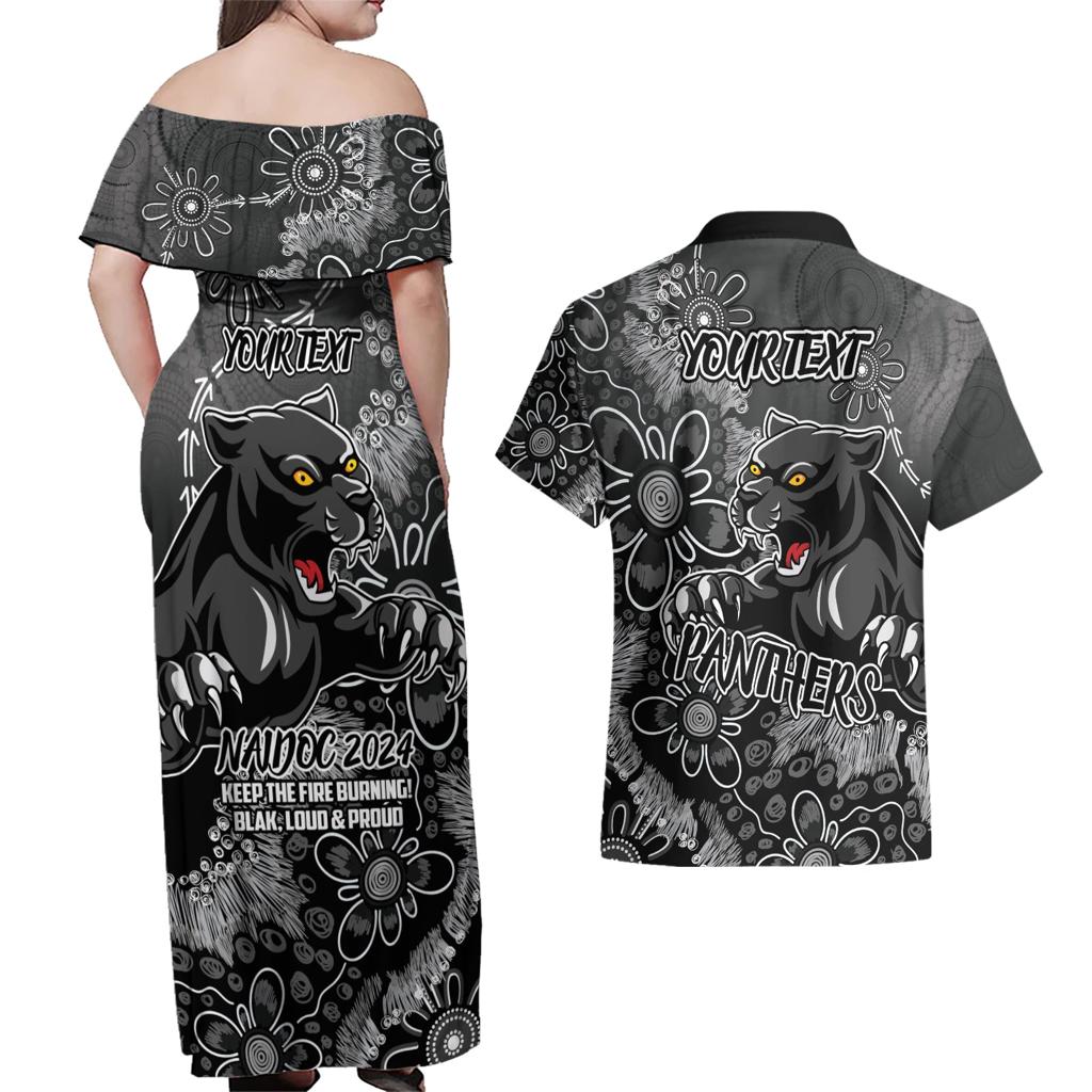 Personalised Panthers NAIDOC Week 2024 Couples Matching Off Shoulder Maxi Dress and Hawaiian Shirt Aboriginal Fire Burning Sparks