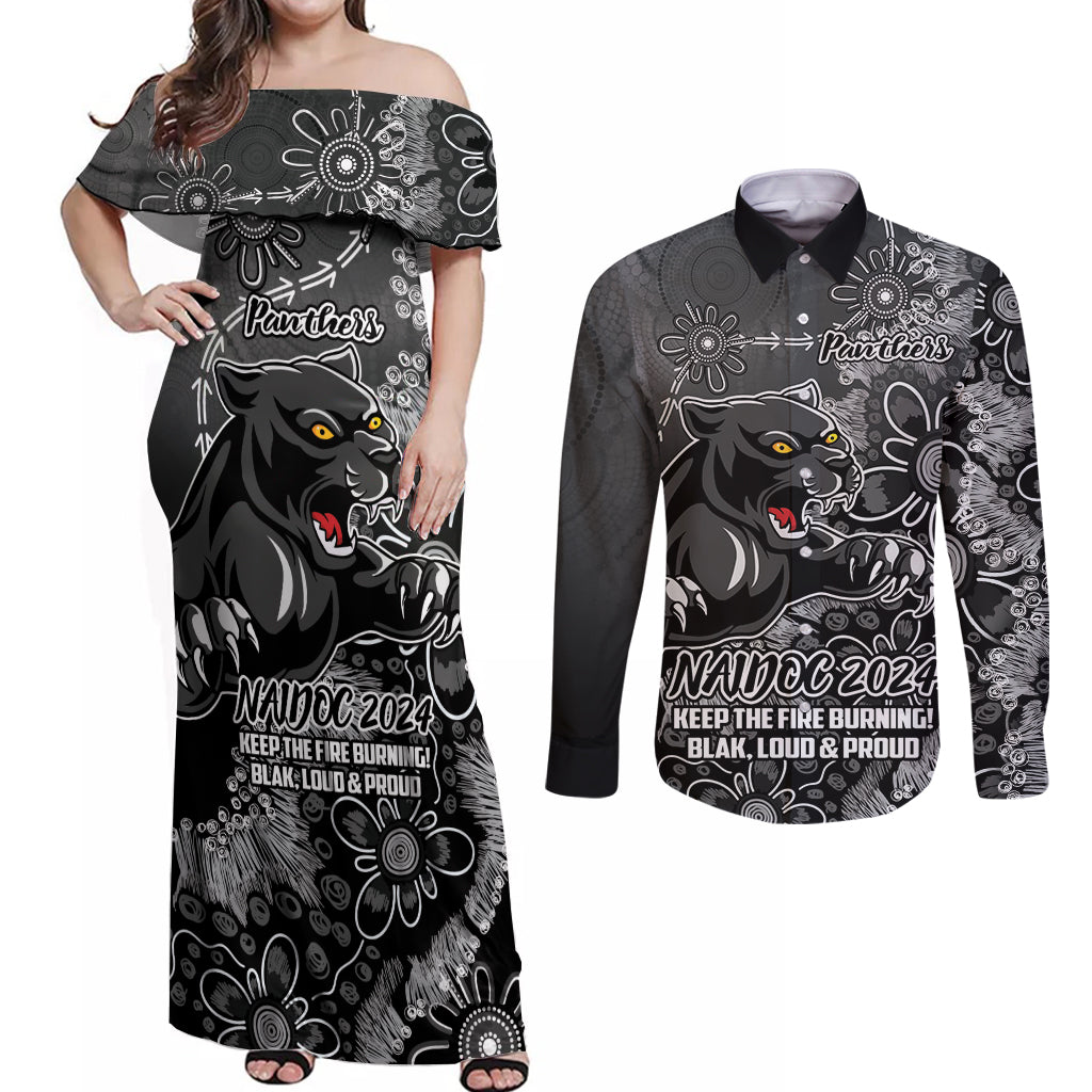 Personalised Panthers NAIDOC Week 2024 Couples Matching Off Shoulder Maxi Dress and Long Sleeve Button Shirt Aboriginal Fire Burning Sparks