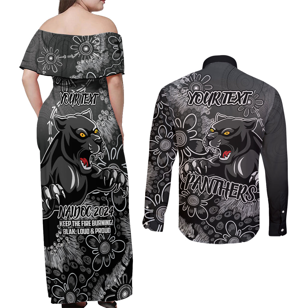 Personalised Panthers NAIDOC Week 2024 Couples Matching Off Shoulder Maxi Dress and Long Sleeve Button Shirt Aboriginal Fire Burning Sparks
