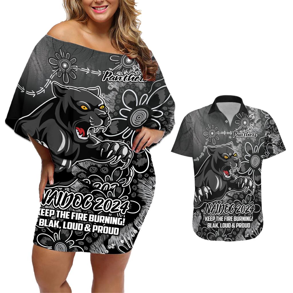 Personalised Panthers NAIDOC Week 2024 Couples Matching Off Shoulder Short Dress and Hawaiian Shirt Aboriginal Fire Burning Sparks
