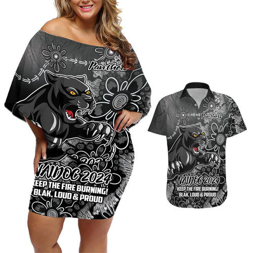 Personalised Panthers NAIDOC Week 2024 Couples Matching Off Shoulder Short Dress and Hawaiian Shirt Aboriginal Fire Burning Sparks