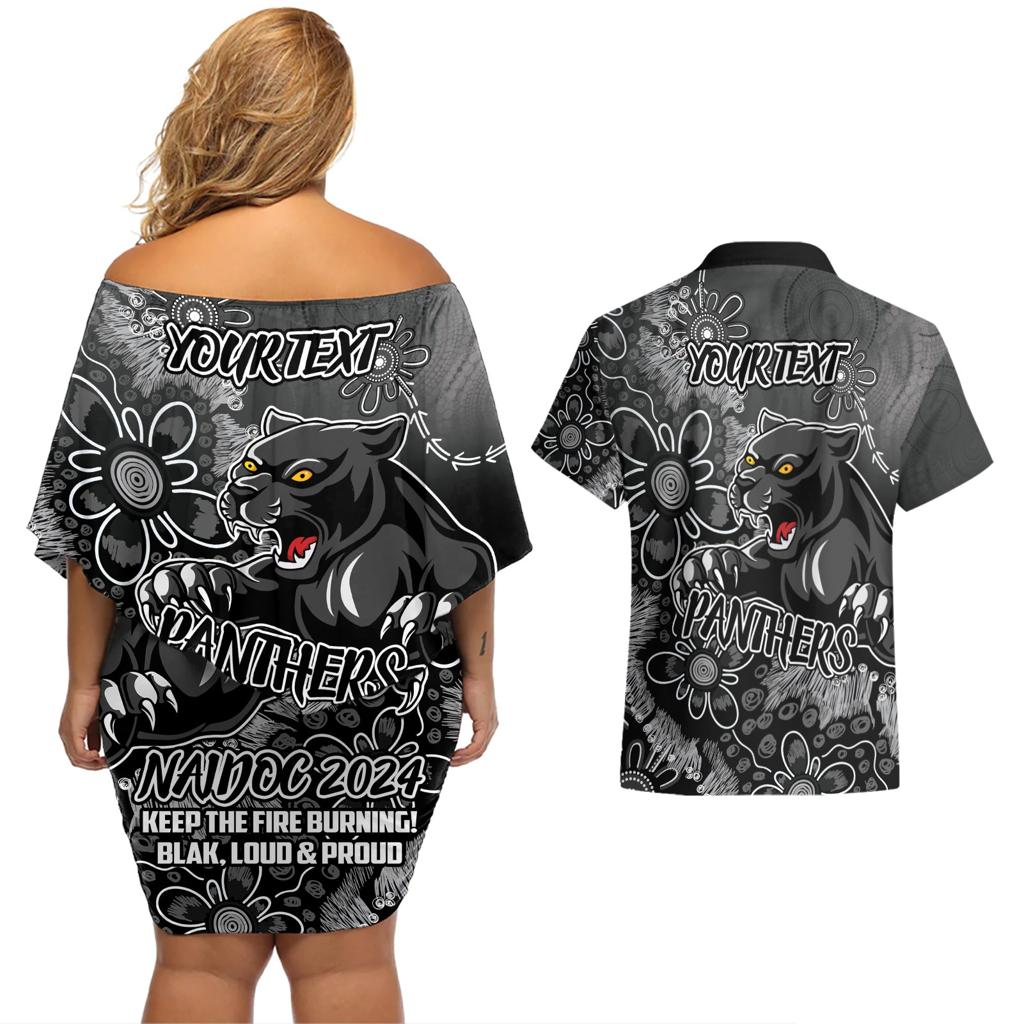 Personalised Panthers NAIDOC Week 2024 Couples Matching Off Shoulder Short Dress and Hawaiian Shirt Aboriginal Fire Burning Sparks