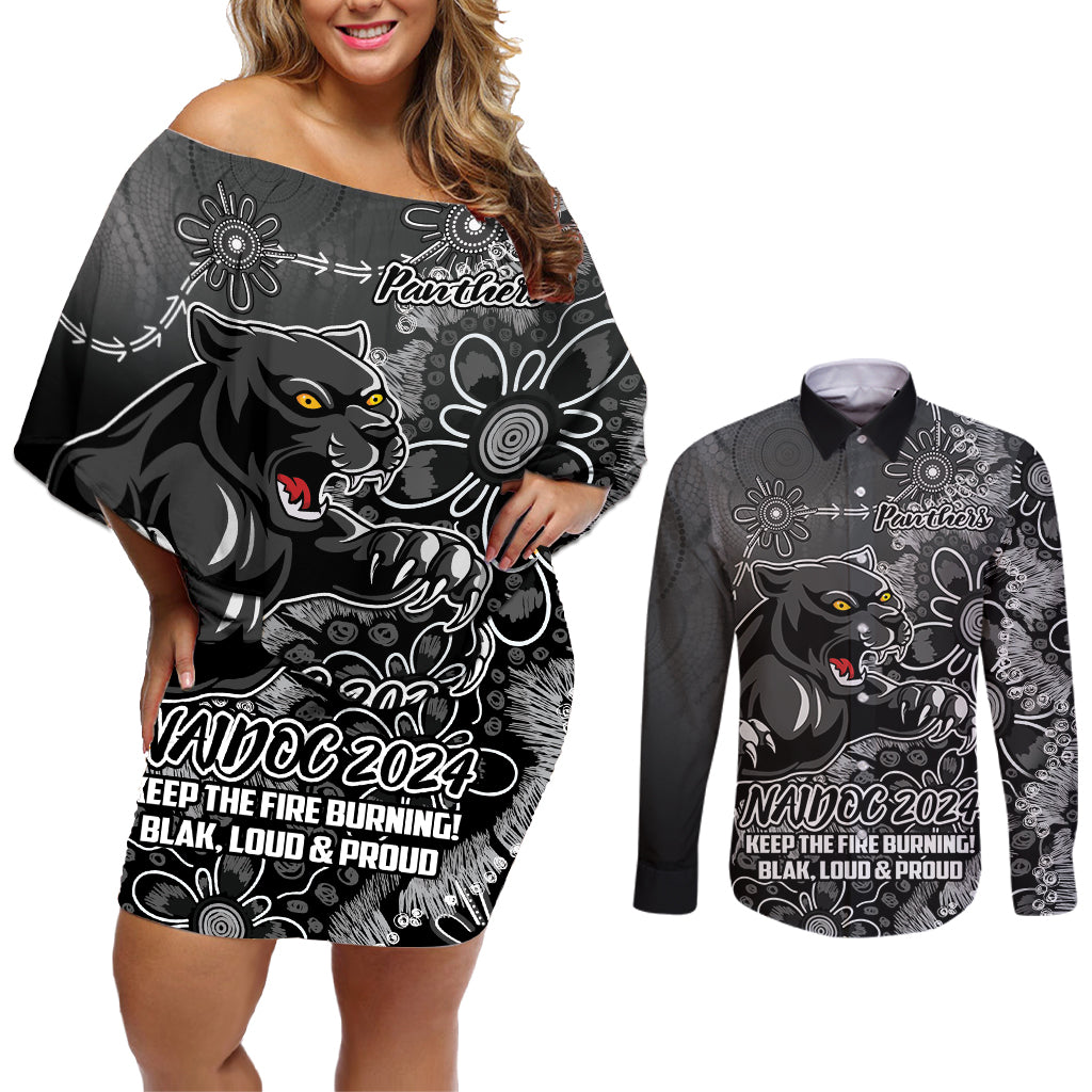 Personalised Panthers NAIDOC Week 2024 Couples Matching Off Shoulder Short Dress and Long Sleeve Button Shirt Aboriginal Fire Burning Sparks