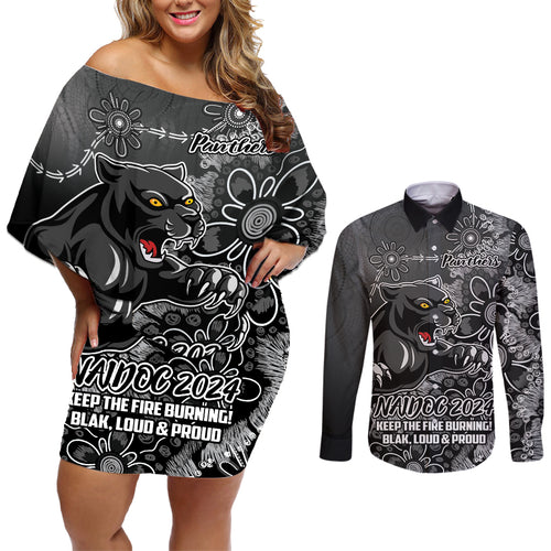 Personalised Panthers NAIDOC Week 2024 Couples Matching Off Shoulder Short Dress and Long Sleeve Button Shirt Aboriginal Fire Burning Sparks