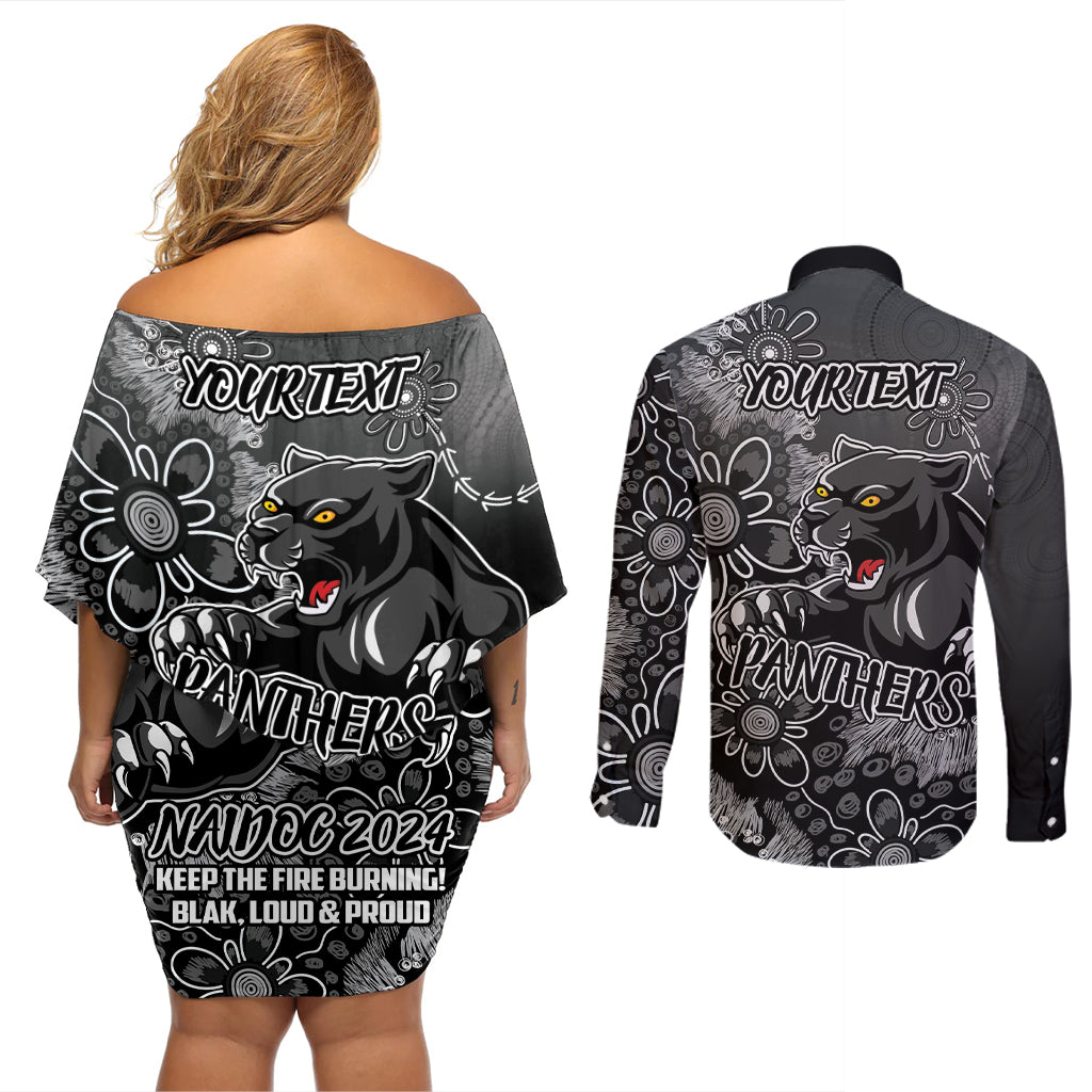 Personalised Panthers NAIDOC Week 2024 Couples Matching Off Shoulder Short Dress and Long Sleeve Button Shirt Aboriginal Fire Burning Sparks
