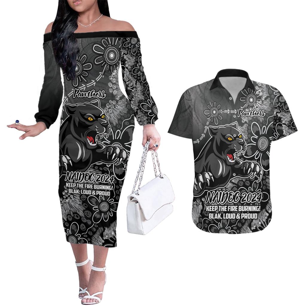 Personalised Panthers NAIDOC Week 2024 Couples Matching Off The Shoulder Long Sleeve Dress and Hawaiian Shirt Aboriginal Fire Burning Sparks
