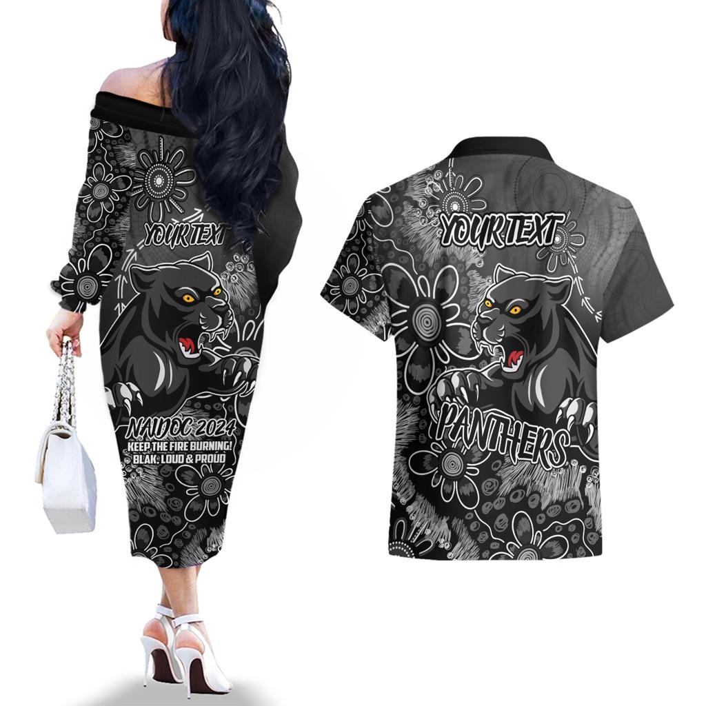 Personalised Panthers NAIDOC Week 2024 Couples Matching Off The Shoulder Long Sleeve Dress and Hawaiian Shirt Aboriginal Fire Burning Sparks