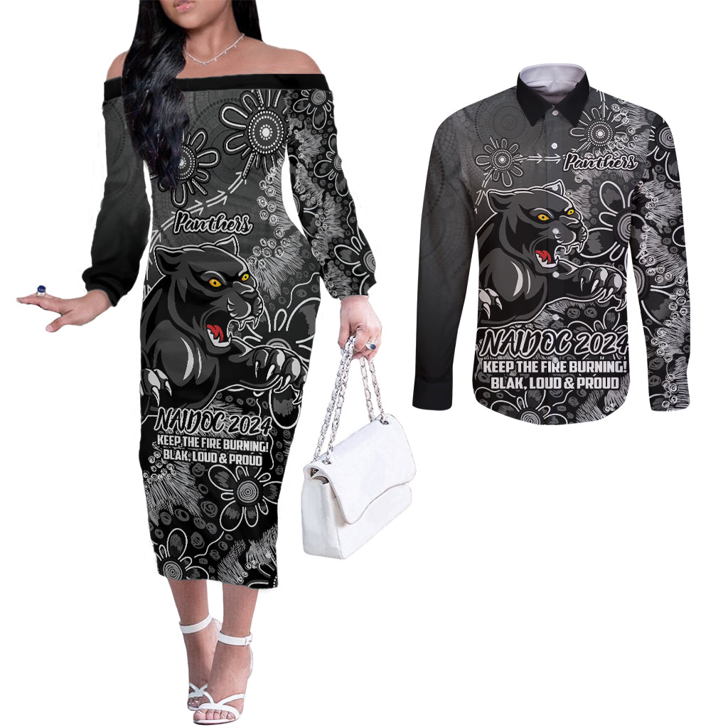 Personalised Panthers NAIDOC Week 2024 Couples Matching Off The Shoulder Long Sleeve Dress and Long Sleeve Button Shirt Aboriginal Fire Burning Sparks