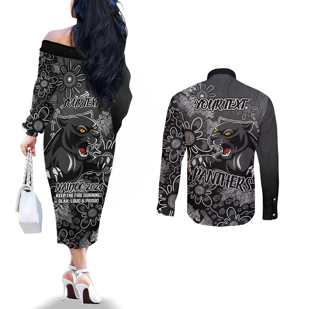 Personalised Panthers NAIDOC Week 2024 Couples Matching Off The Shoulder Long Sleeve Dress and Long Sleeve Button Shirt Aboriginal Fire Burning Sparks