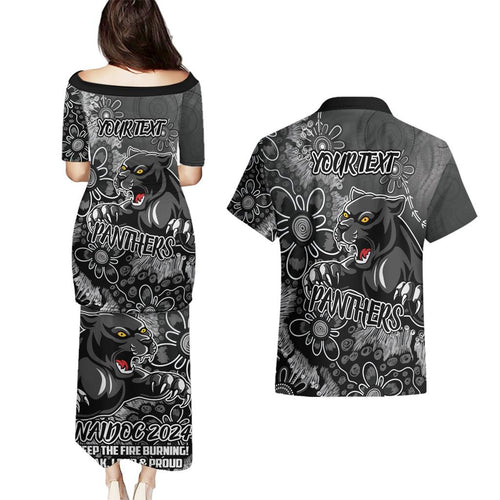 Personalised Panthers NAIDOC Week 2024 Couples Matching Puletasi and Hawaiian Shirt Aboriginal Fire Burning Sparks