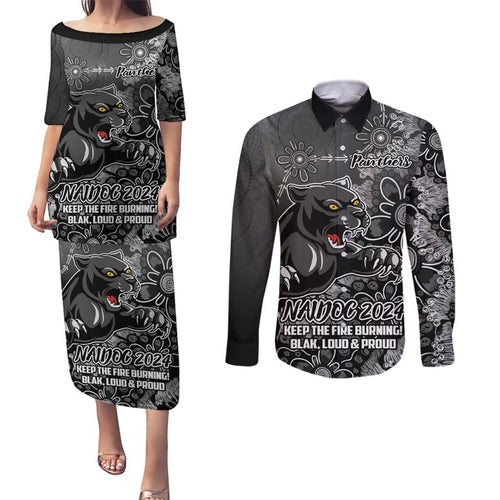 Personalised Panthers NAIDOC Week 2024 Couples Matching Puletasi and Long Sleeve Button Shirt Aboriginal Fire Burning Sparks
