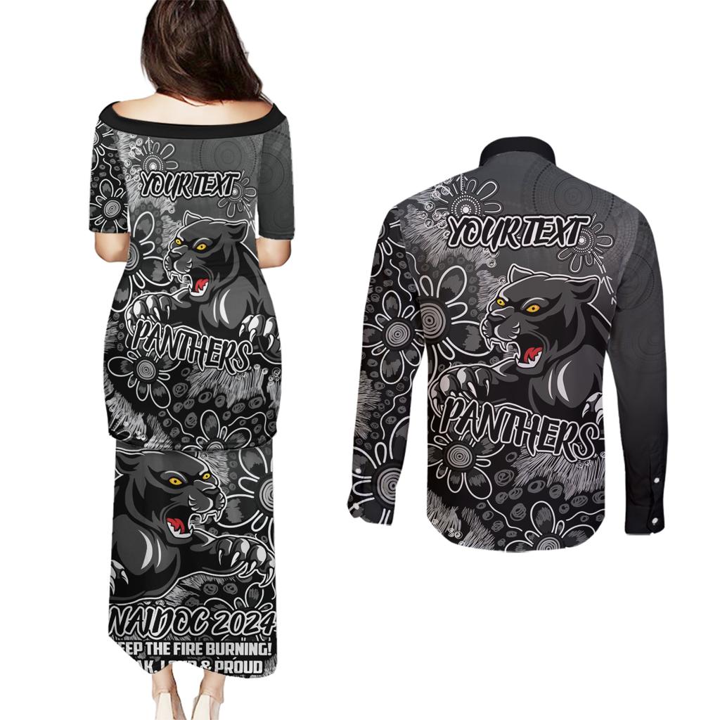 Personalised Panthers NAIDOC Week 2024 Couples Matching Puletasi and Long Sleeve Button Shirt Aboriginal Fire Burning Sparks