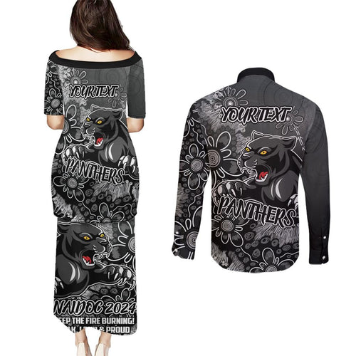 Personalised Panthers NAIDOC Week 2024 Couples Matching Puletasi and Long Sleeve Button Shirt Aboriginal Fire Burning Sparks