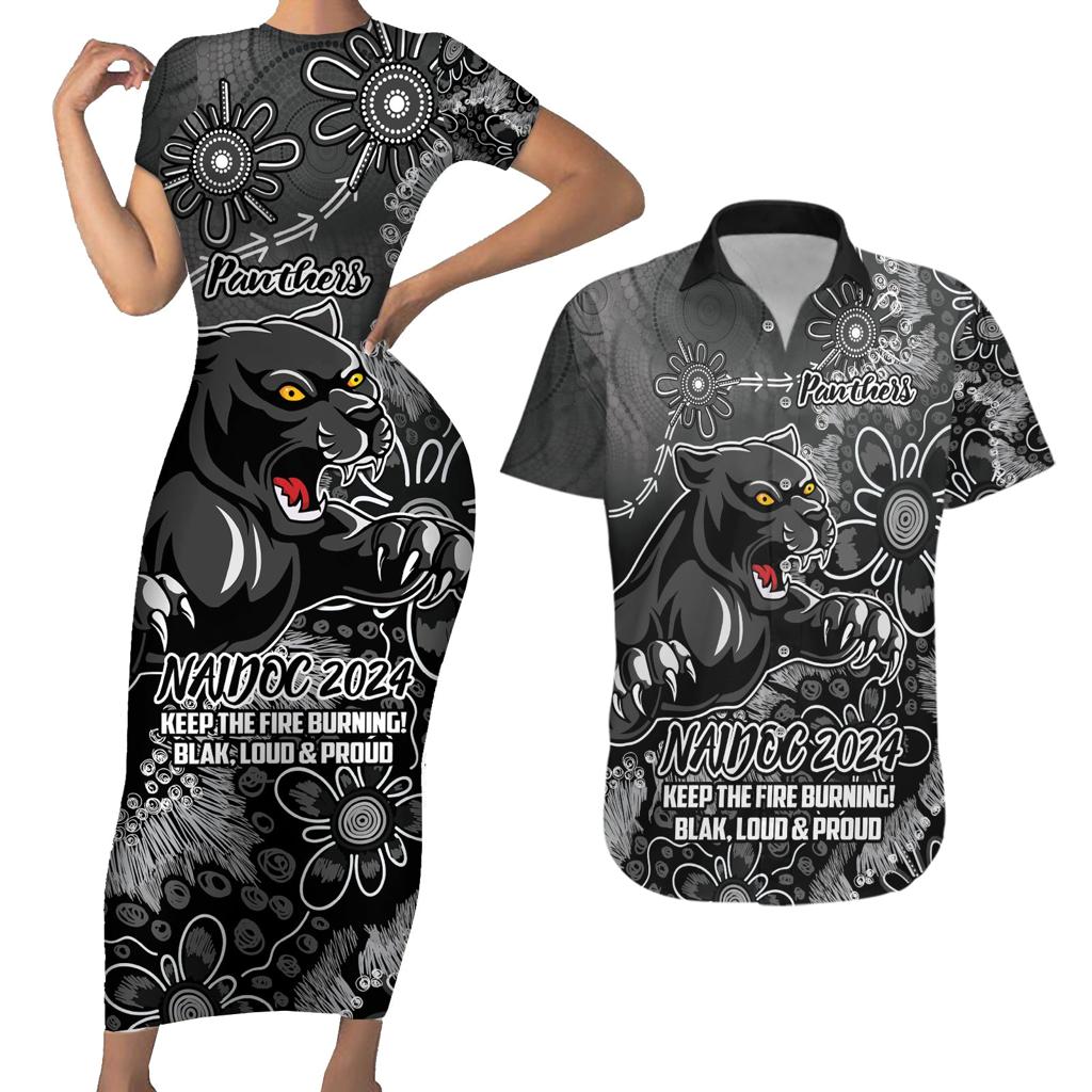 Personalised Panthers NAIDOC Week 2024 Couples Matching Short Sleeve Bodycon Dress and Hawaiian Shirt Aboriginal Fire Burning Sparks