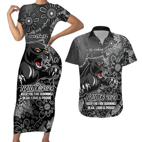 Personalised Panthers NAIDOC Week 2024 Couples Matching Short Sleeve Bodycon Dress and Hawaiian Shirt Aboriginal Fire Burning Sparks