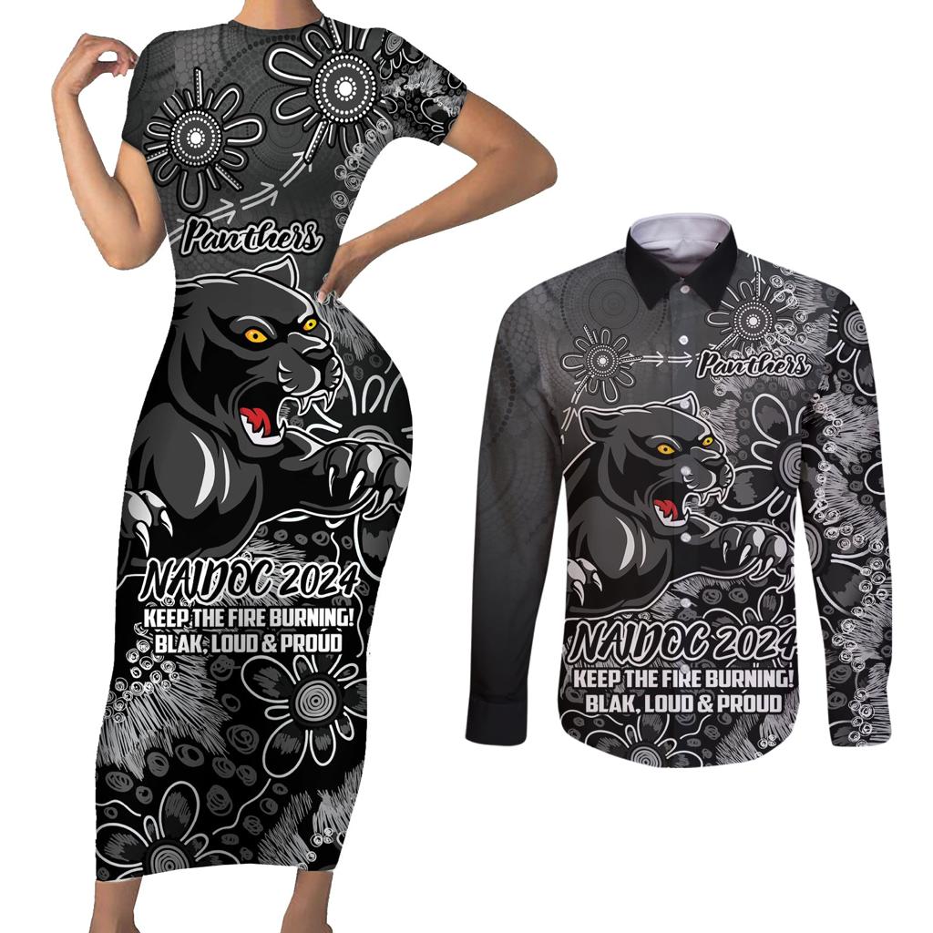 Personalised Panthers NAIDOC Week 2024 Couples Matching Short Sleeve Bodycon Dress and Long Sleeve Button Shirt Aboriginal Fire Burning Sparks