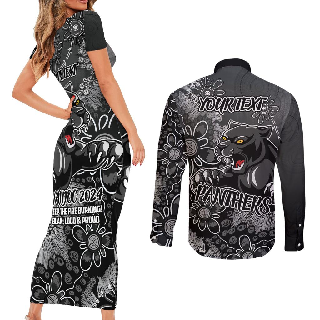Personalised Panthers NAIDOC Week 2024 Couples Matching Short Sleeve Bodycon Dress and Long Sleeve Button Shirt Aboriginal Fire Burning Sparks