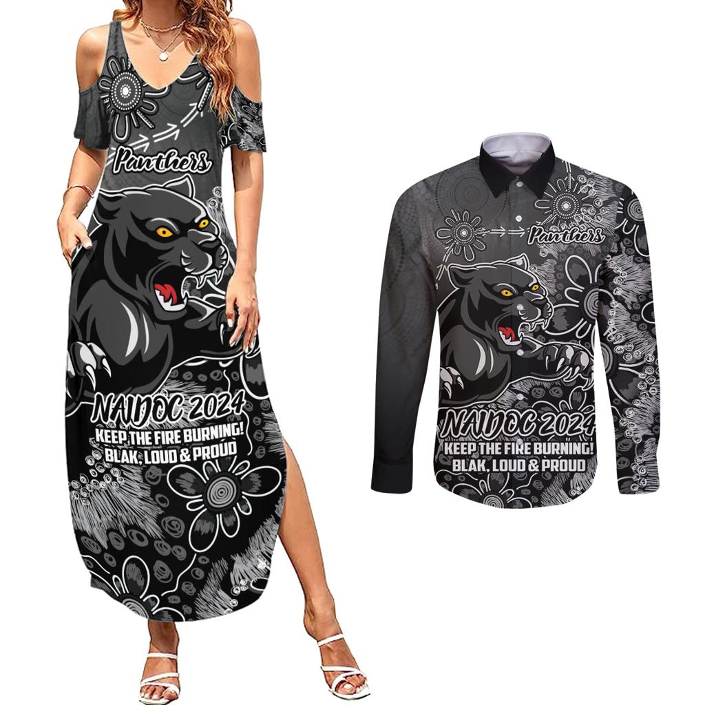 Personalised Panthers NAIDOC Week 2024 Couples Matching Summer Maxi Dress and Long Sleeve Button Shirt Aboriginal Fire Burning Sparks