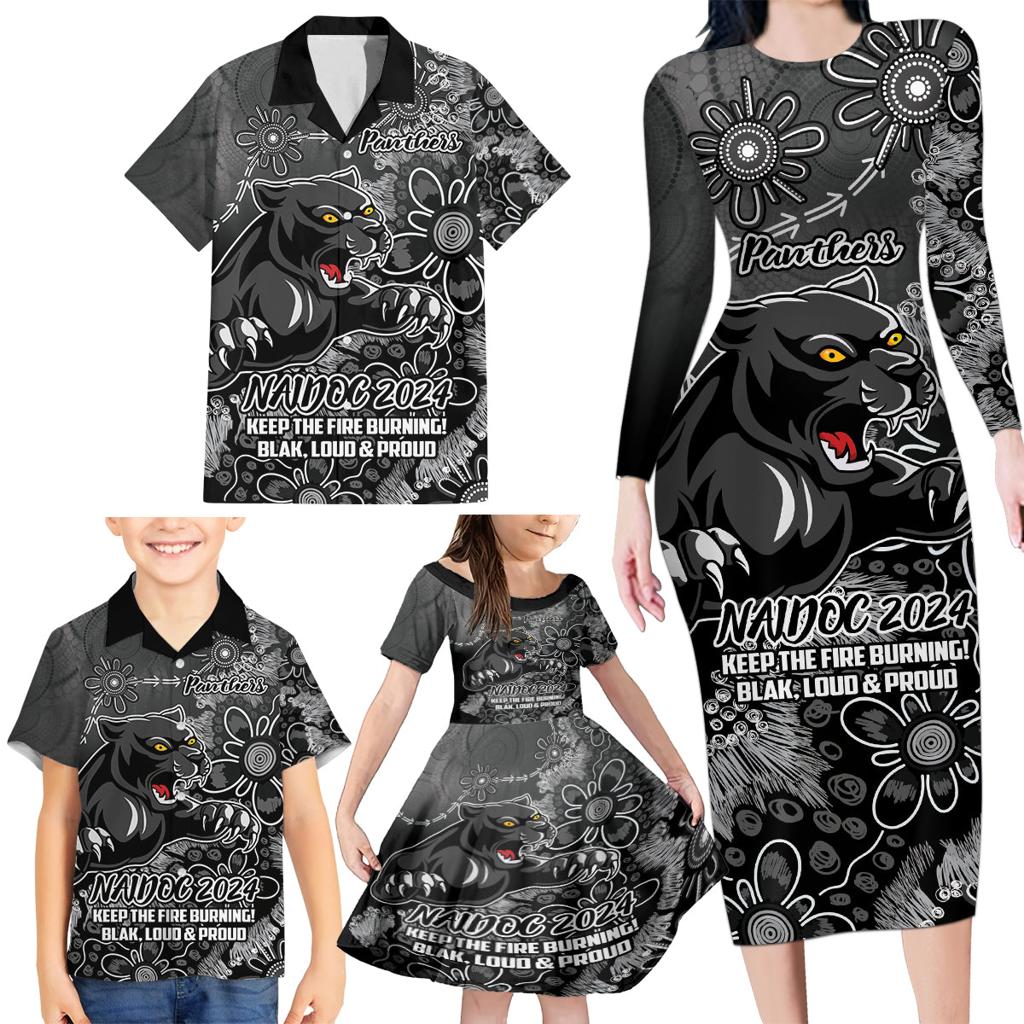 Personalised Panthers NAIDOC Week 2024 Family Matching Long Sleeve Bodycon Dress and Hawaiian Shirt Aboriginal Fire Burning Sparks
