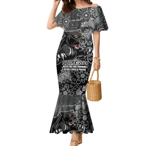 Personalised Panthers NAIDOC Week 2024 Family Matching Mermaid Dress and Hawaiian Shirt Aboriginal Fire Burning Sparks