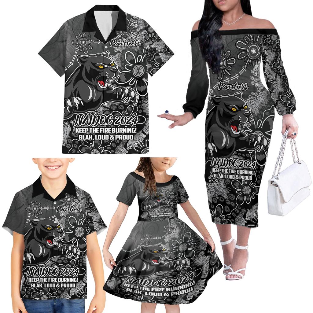 Personalised Panthers NAIDOC Week 2024 Family Matching Off The Shoulder Long Sleeve Dress and Hawaiian Shirt Aboriginal Fire Burning Sparks