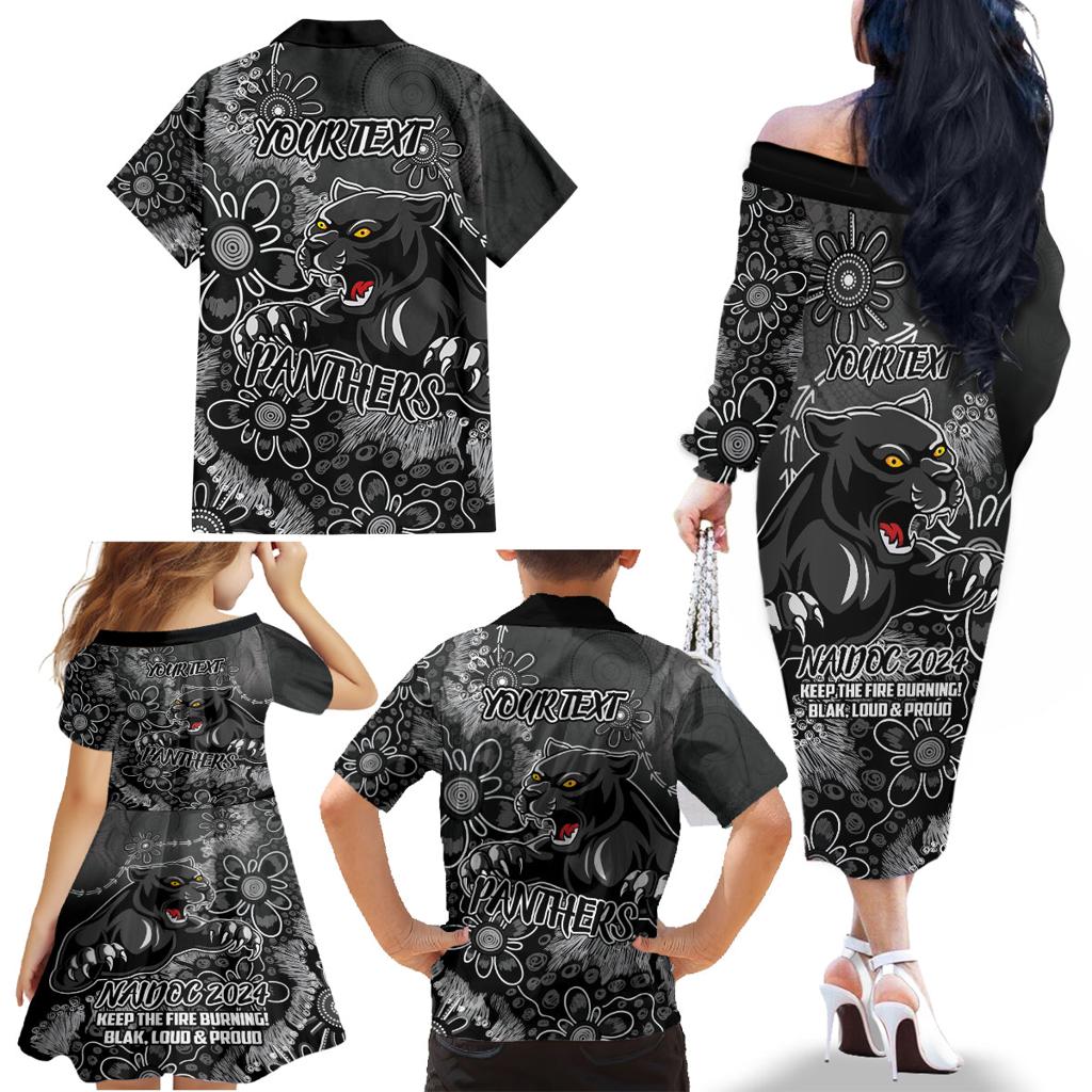 Personalised Panthers NAIDOC Week 2024 Family Matching Off The Shoulder Long Sleeve Dress and Hawaiian Shirt Aboriginal Fire Burning Sparks