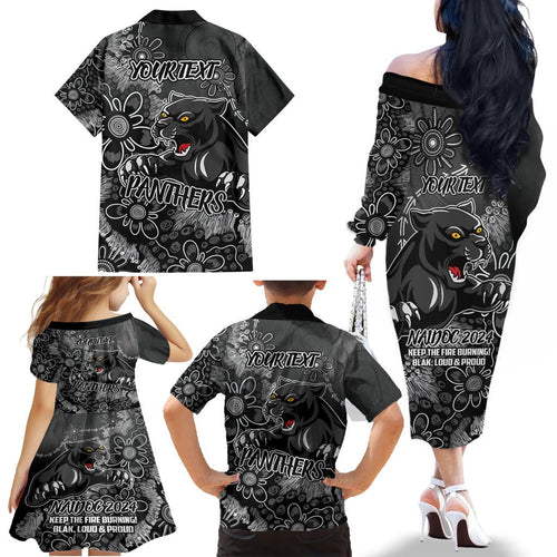 Personalised Panthers NAIDOC Week 2024 Family Matching Off The Shoulder Long Sleeve Dress and Hawaiian Shirt Aboriginal Fire Burning Sparks