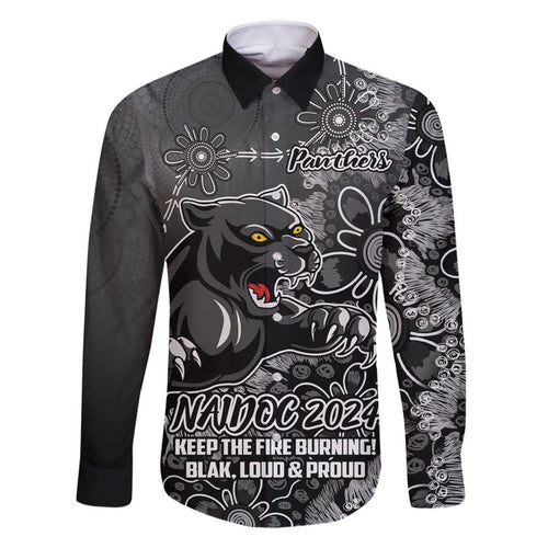 Personalised Panthers NAIDOC Week 2024 Family Matching Off The Shoulder Long Sleeve Dress and Hawaiian Shirt Aboriginal Fire Burning Sparks