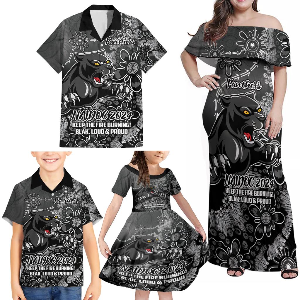 Personalised Panthers NAIDOC Week 2024 Family Matching Off Shoulder Maxi Dress and Hawaiian Shirt Aboriginal Fire Burning Sparks