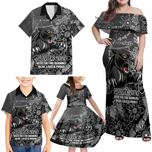 Personalised Panthers NAIDOC Week 2024 Family Matching Off Shoulder Maxi Dress and Hawaiian Shirt Aboriginal Fire Burning Sparks