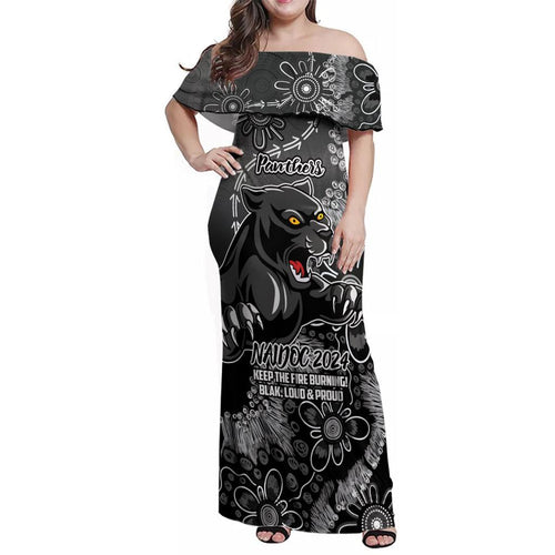 Personalised Panthers NAIDOC Week 2024 Family Matching Off Shoulder Maxi Dress and Hawaiian Shirt Aboriginal Fire Burning Sparks