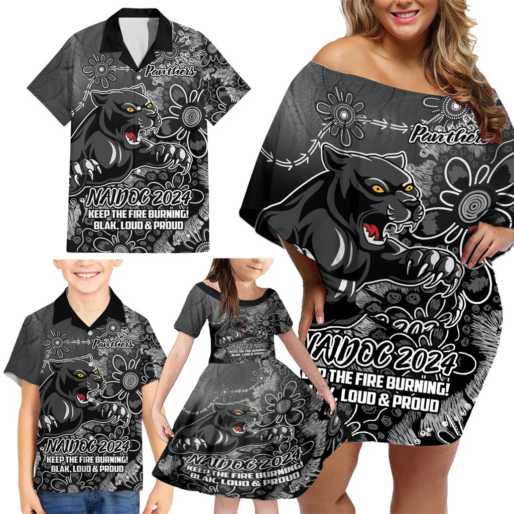 Personalised Panthers NAIDOC Week 2024 Family Matching Off Shoulder Short Dress and Hawaiian Shirt Aboriginal Fire Burning Sparks