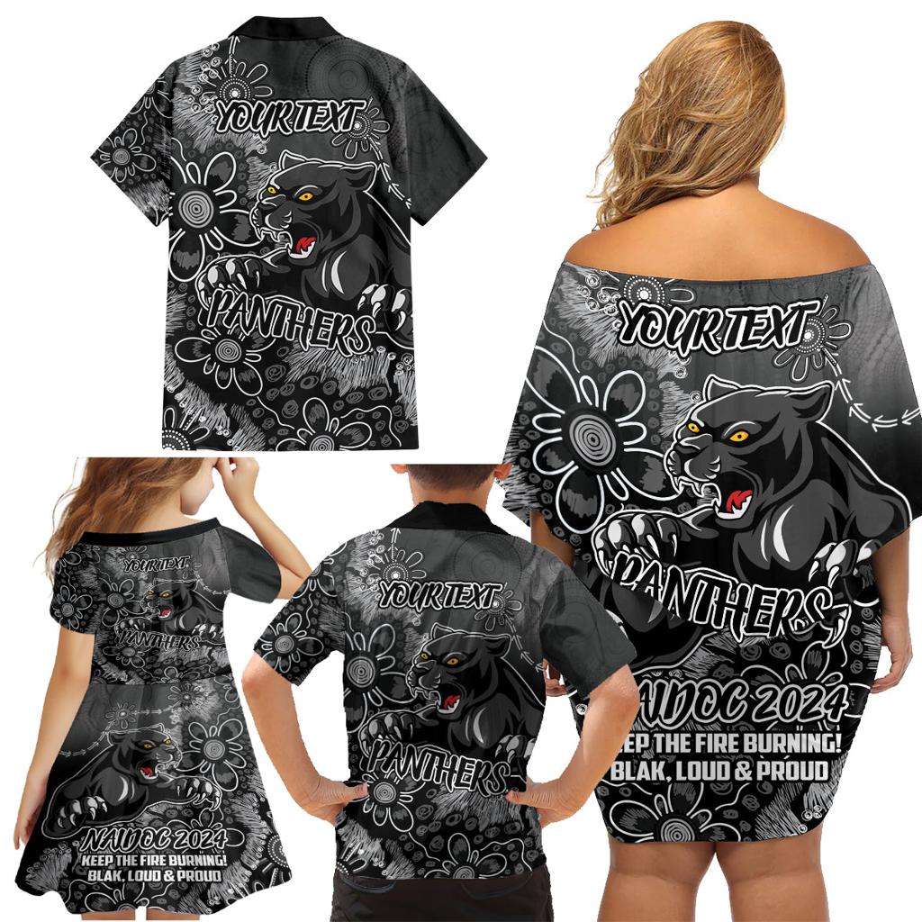 Personalised Panthers NAIDOC Week 2024 Family Matching Off Shoulder Short Dress and Hawaiian Shirt Aboriginal Fire Burning Sparks