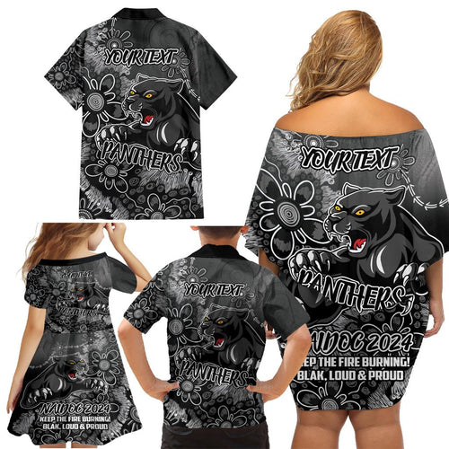 Personalised Panthers NAIDOC Week 2024 Family Matching Off Shoulder Short Dress and Hawaiian Shirt Aboriginal Fire Burning Sparks