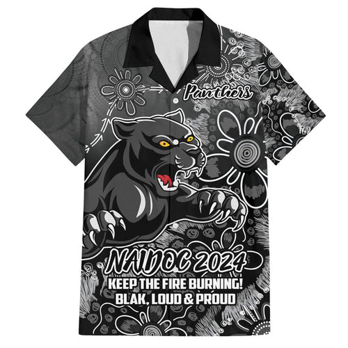 Personalised Panthers NAIDOC Week 2024 Family Matching Off Shoulder Short Dress and Hawaiian Shirt Aboriginal Fire Burning Sparks