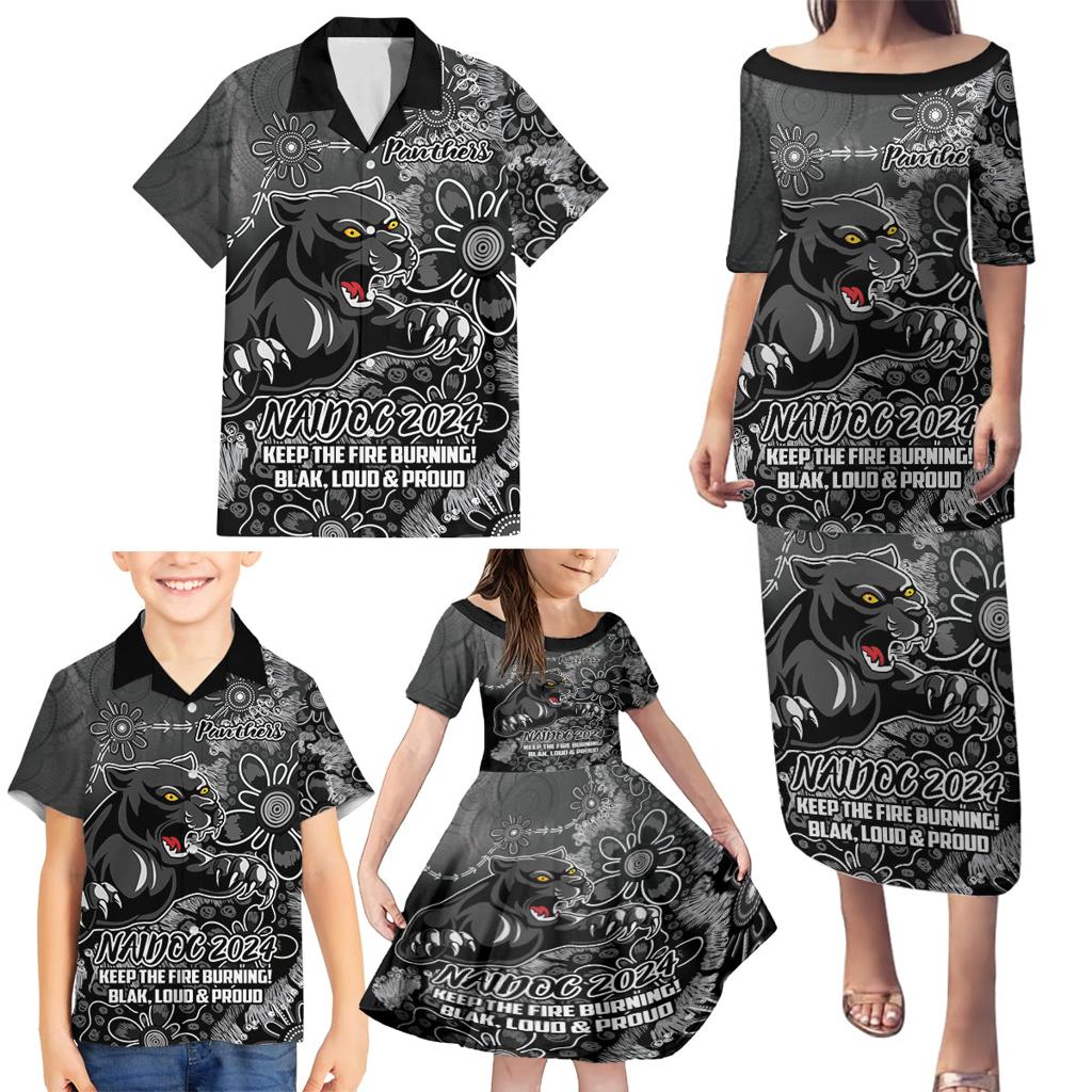 Personalised Panthers NAIDOC Week 2024 Family Matching Puletasi and Hawaiian Shirt Aboriginal Fire Burning Sparks