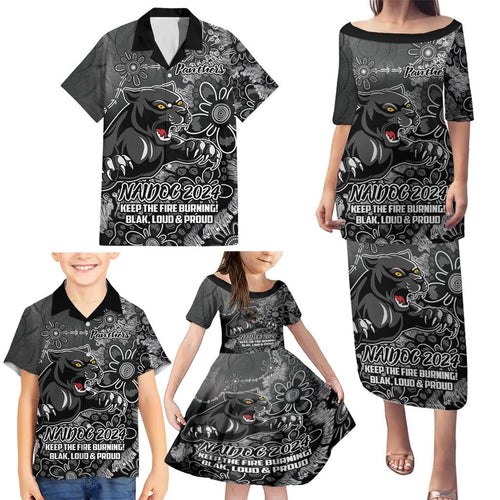 Personalised Panthers NAIDOC Week 2024 Family Matching Puletasi and Hawaiian Shirt Aboriginal Fire Burning Sparks