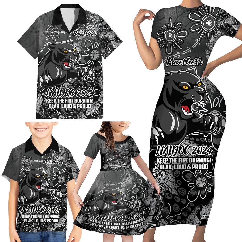 Personalised Panthers NAIDOC Week 2024 Family Matching Short Sleeve Bodycon Dress and Hawaiian Shirt Aboriginal Fire Burning Sparks