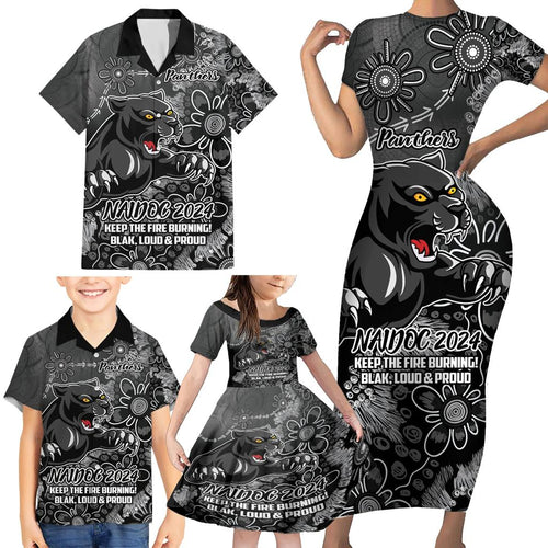 Personalised Panthers NAIDOC Week 2024 Family Matching Short Sleeve Bodycon Dress and Hawaiian Shirt Aboriginal Fire Burning Sparks