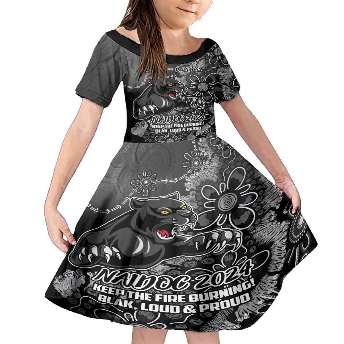 Personalised Panthers NAIDOC Week 2024 Kid Short Sleeve Dress Aboriginal Fire Burning Sparks