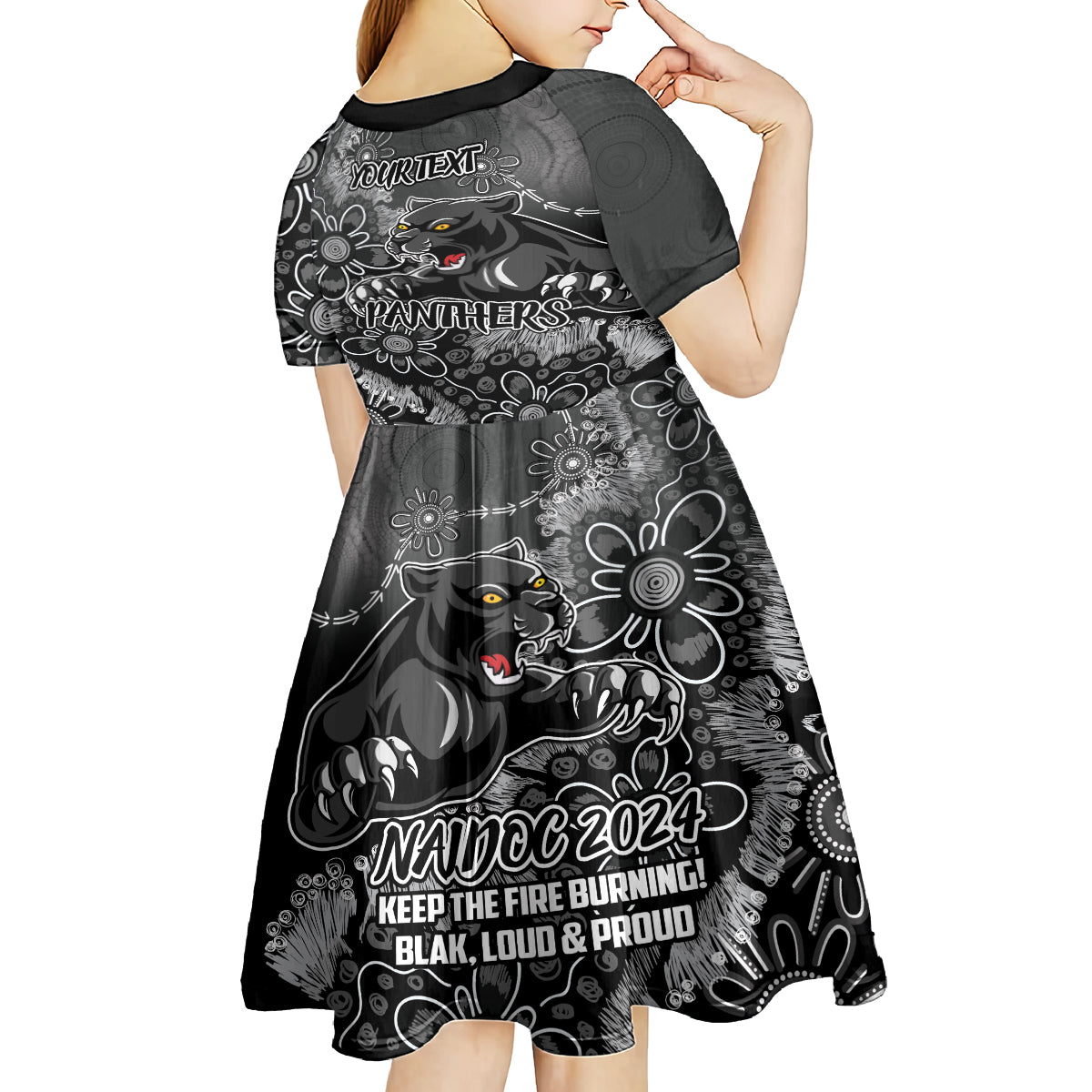 Personalised Panthers NAIDOC Week 2024 Kid Short Sleeve Dress Aboriginal Fire Burning Sparks