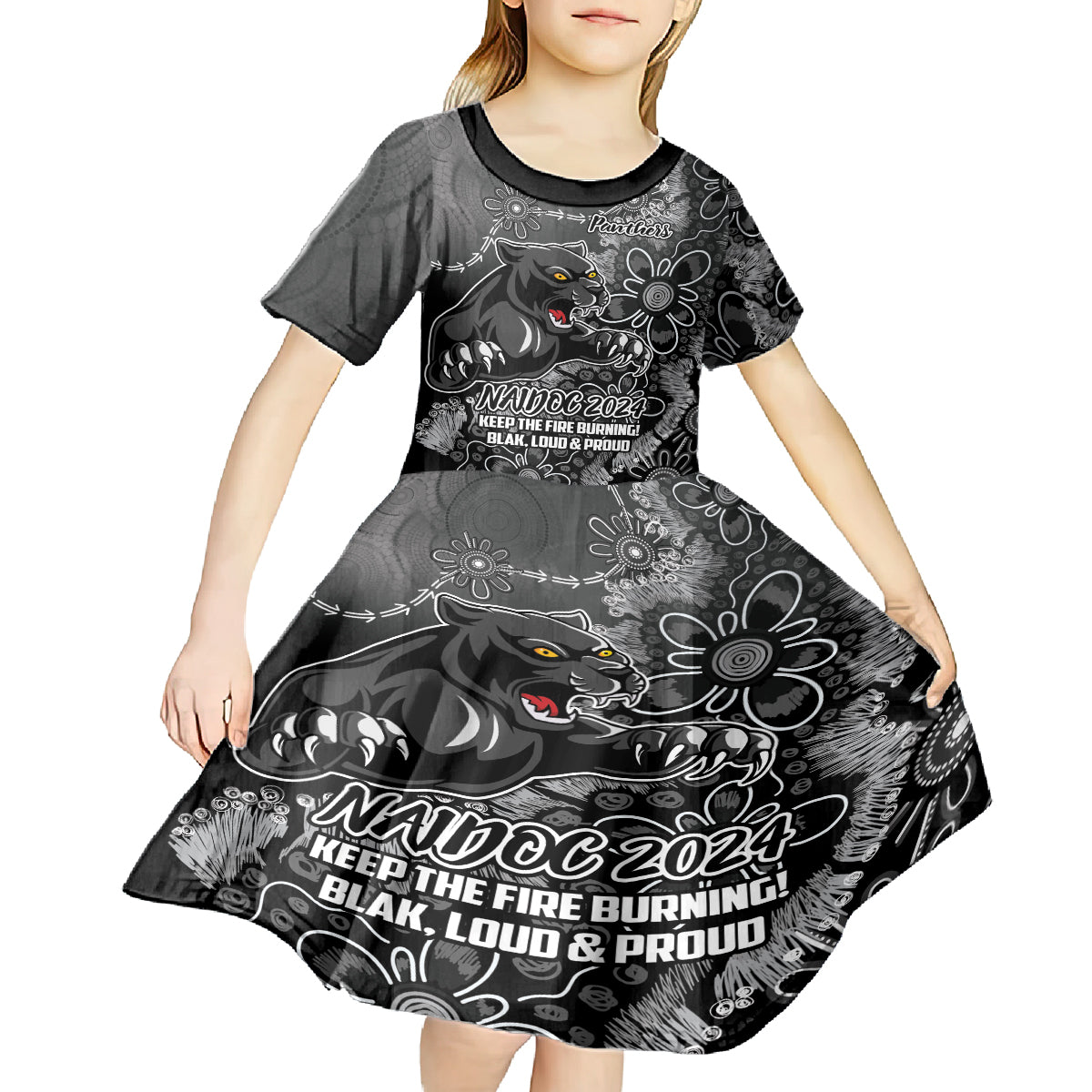 Personalised Panthers NAIDOC Week 2024 Kid Short Sleeve Dress Aboriginal Fire Burning Sparks