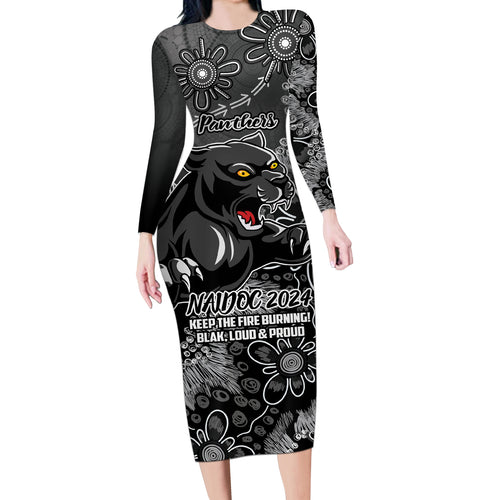 Personalised Panthers NAIDOC Week 2024 Long Sleeve Bodycon Dress Aboriginal Fire Burning Sparks